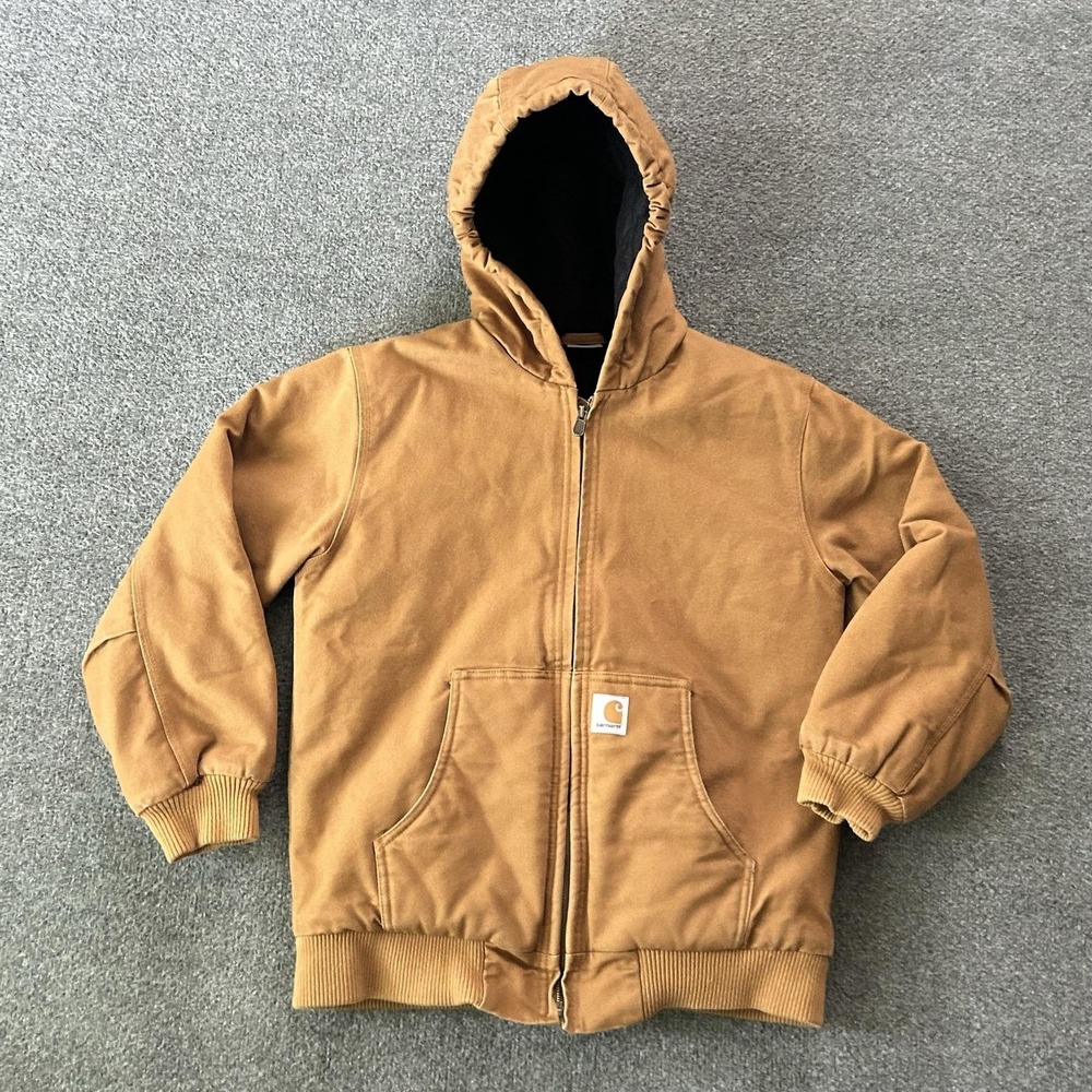 Carhartt Jacket Youth Large 14-16 Brown Canvas Quilted Lined Hooded Zip Workwear